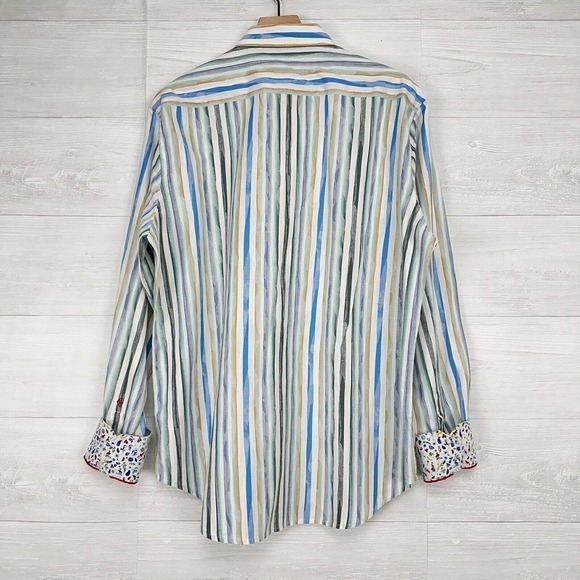 Robert Graham Mens Button Up Shirt XL Flip Cuff Striped Blue White Long Sleeves - Picture 7 of 15